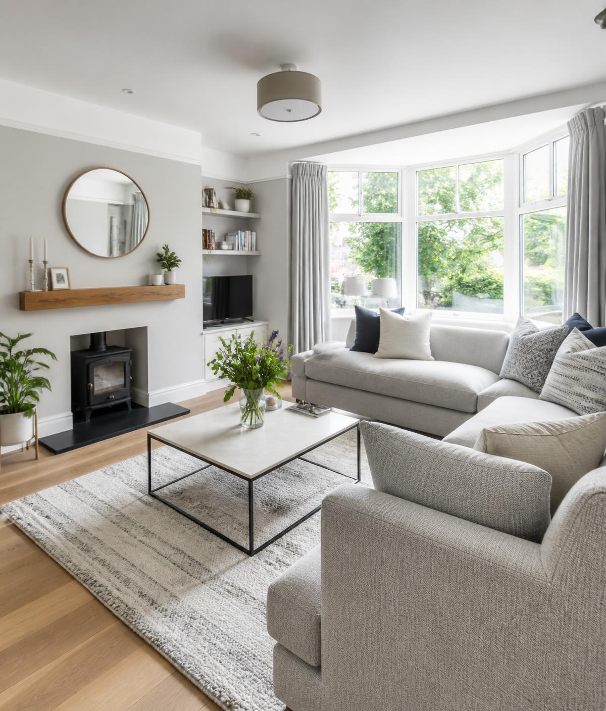 Bright, immaculately clean living room with sunlight through the bay window